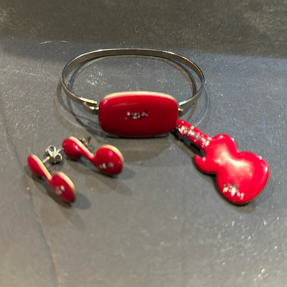 Set of musically inspired enamel earrings, brooch & bracelet. Brooch is signed